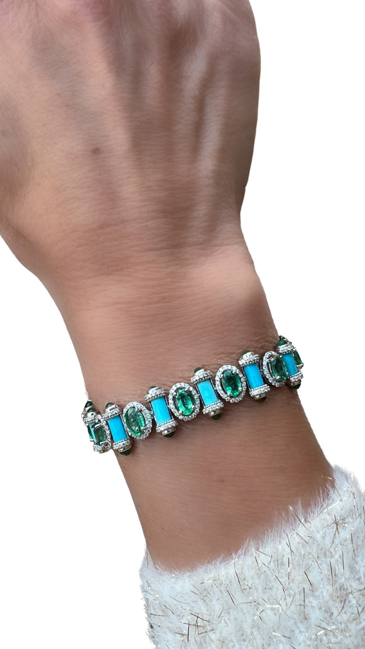 Emerald, Turquoise and Diamond 18K Gold Bracelet