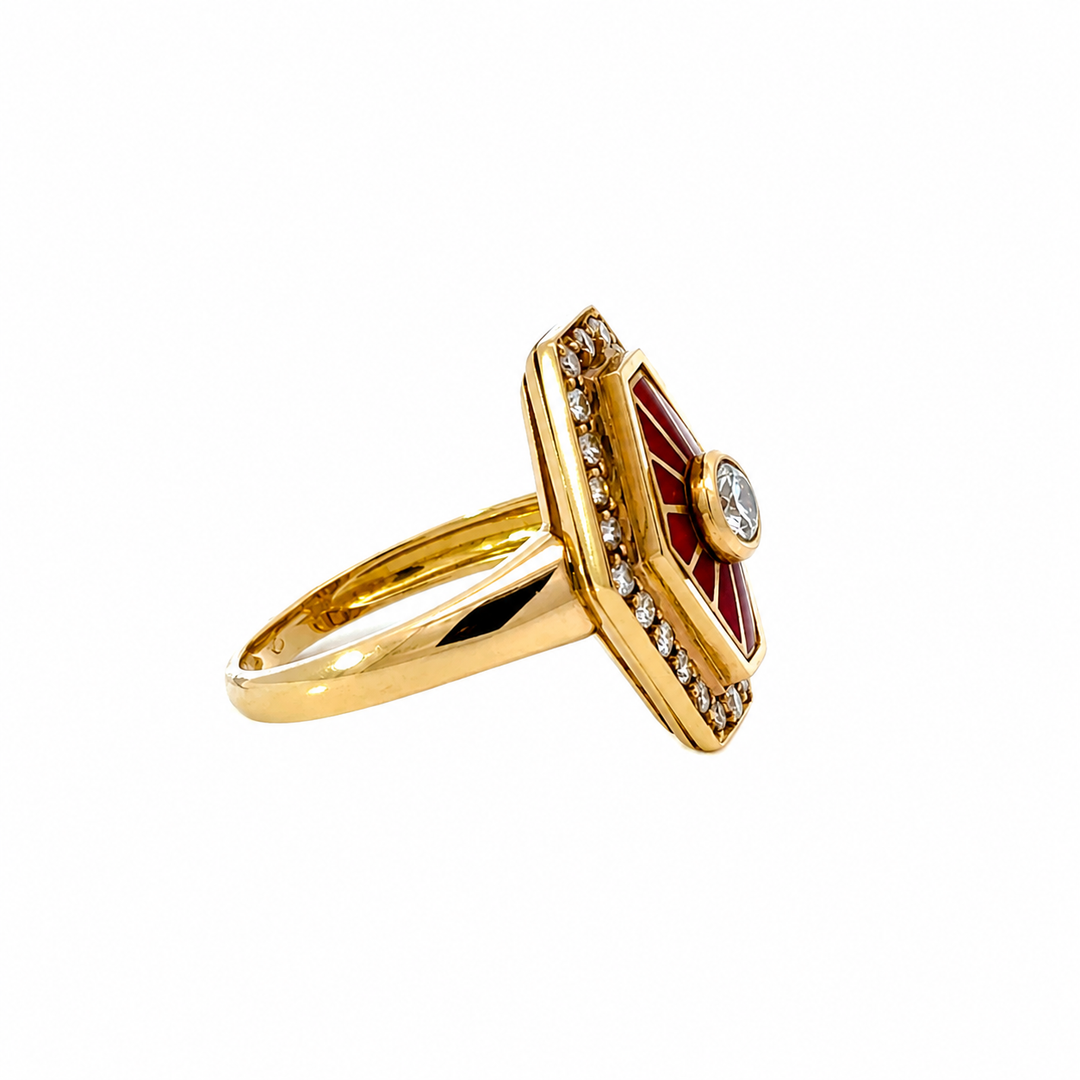 18K Yellow Gold Diamond & Red Enamel Cocktail Ring