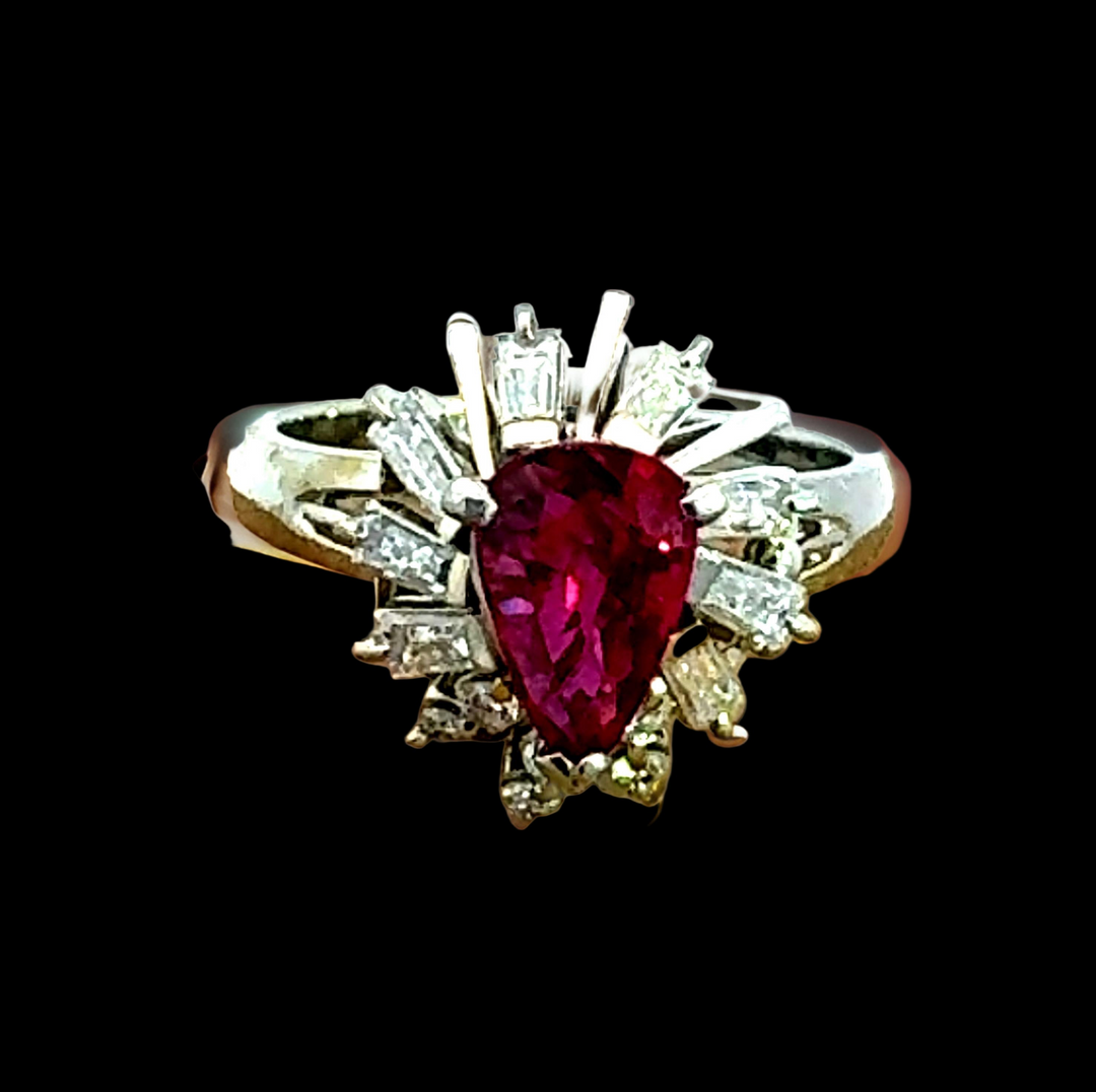 Estate .87 ct Pear Shape Ruby Diamond Platinum Ring 14997