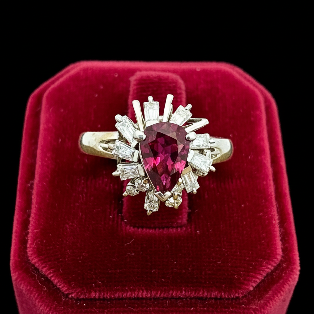 Estate .87 ct Pear Shape Ruby Diamond Platinum Ring 14997