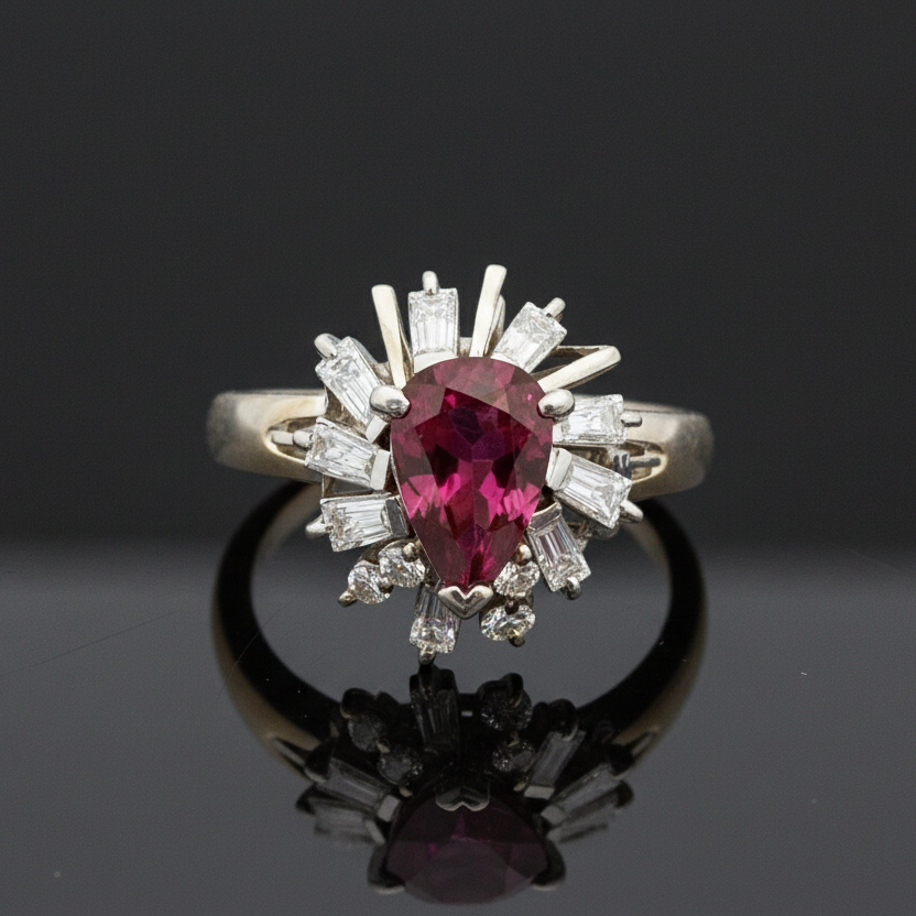 Estate .87 ct Pear Shape Ruby Diamond Platinum Ring 14997