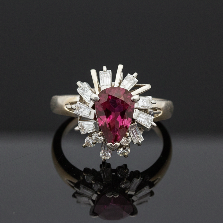 Estate .87 ct Pear Shape Ruby Diamond Platinum Ring 14997