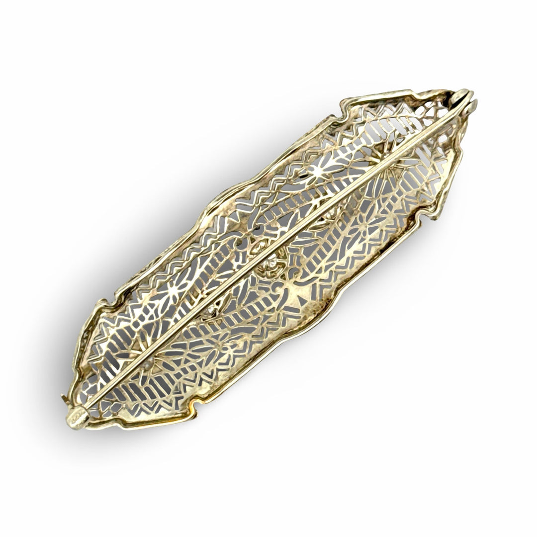 Art Deco 1920's Diamond 14k White Gold Filigree Brooch