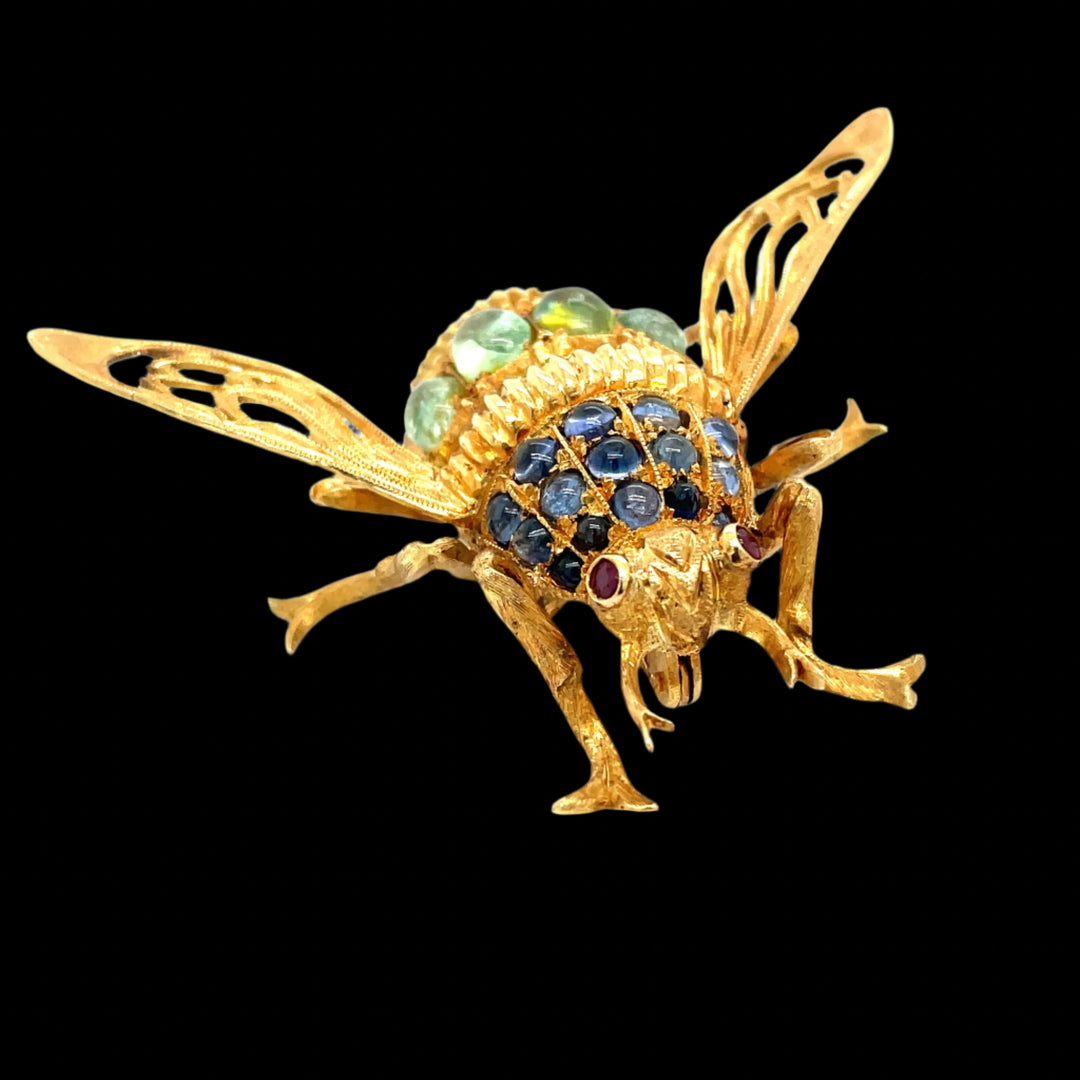 Sapphire Ruby and Peridot 18K Yellow Gold Bee Pin