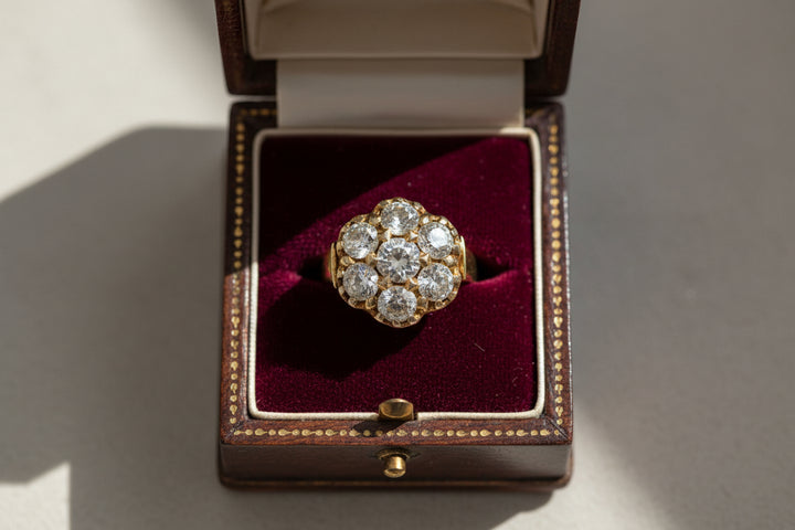 Antique Victorian Seven Diamond and 14K Yellow Gold Flower Ring