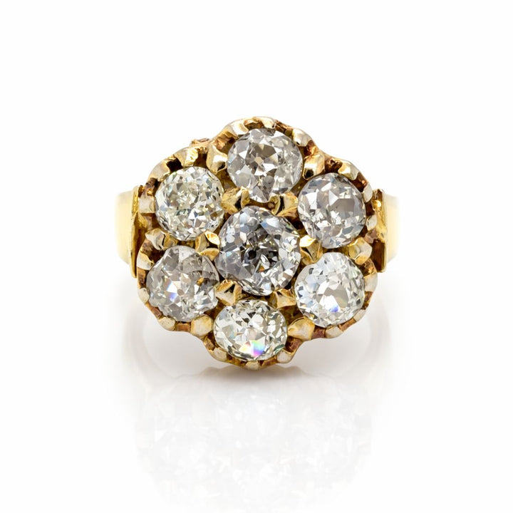 Antique Victorian Seven Diamond and 14K Yellow Gold Flower Ring