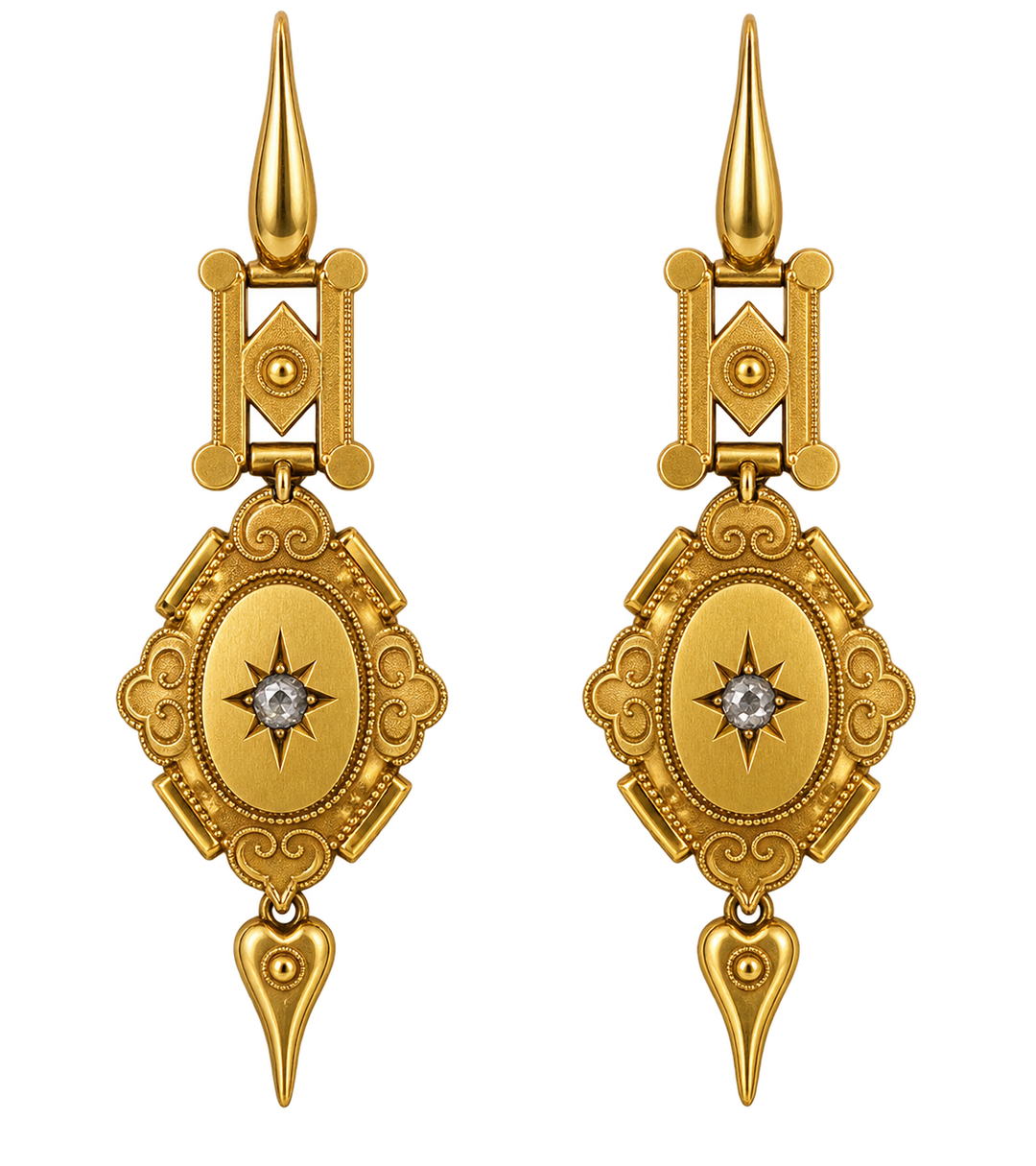 Victorian Estate Liodet-Geneva Switerland 15KT Yellow Gold & Rose Cut Diamond Earrings, Pendant & Brooch Locket. Original Fitted Box Circa 1855-1870