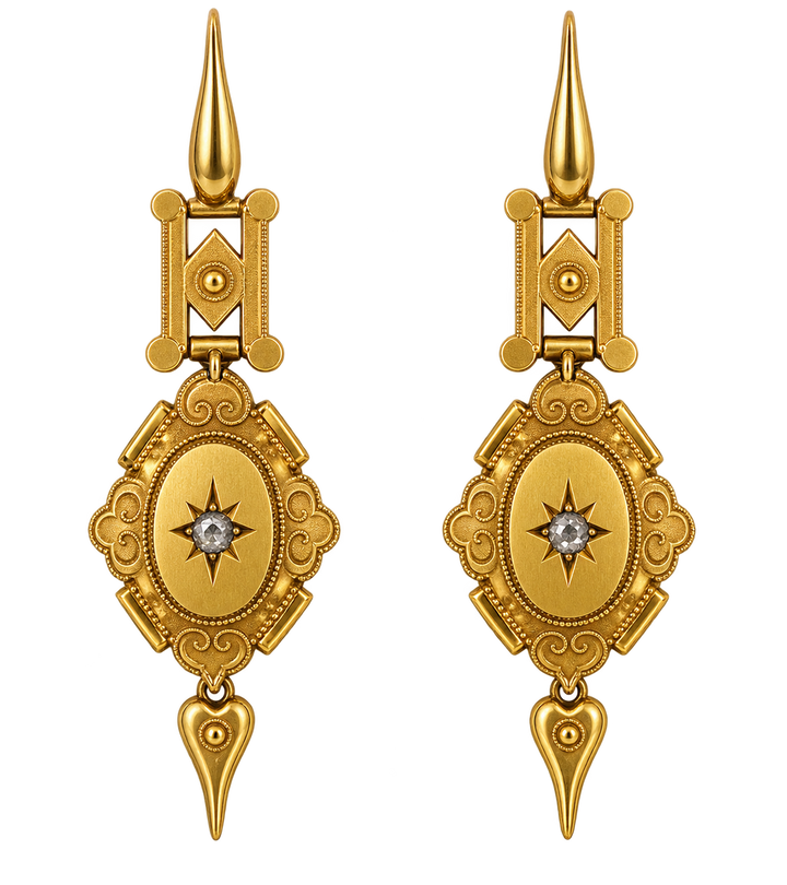 Victorian Estate Liodet-Geneva Switerland 15KT Yellow Gold & Rose Cut Diamond Earrings, Pendant & Brooch Locket. Original Fitted Box Circa 1855-1870