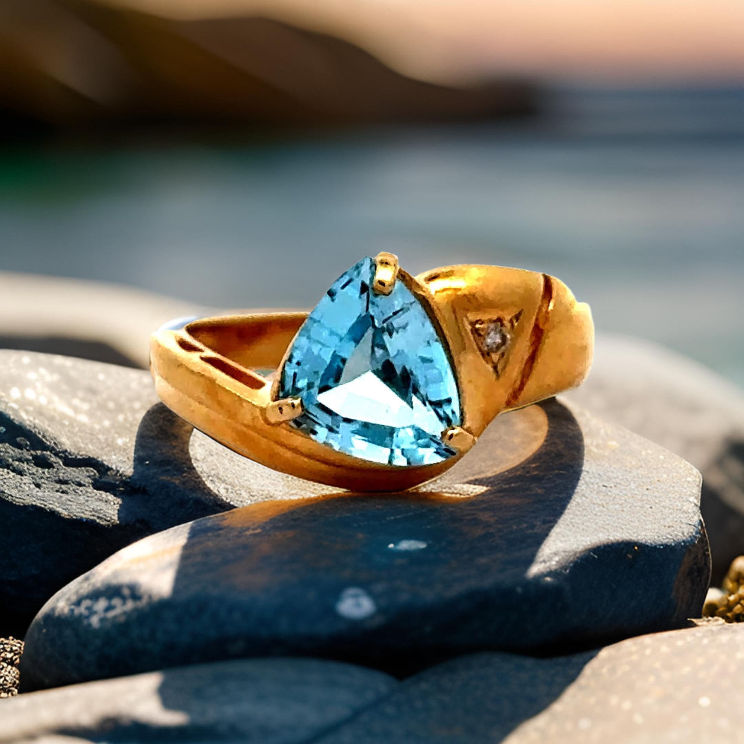 Blue Topaz, Diamond and 14K Yellow Gold Bypass Ring