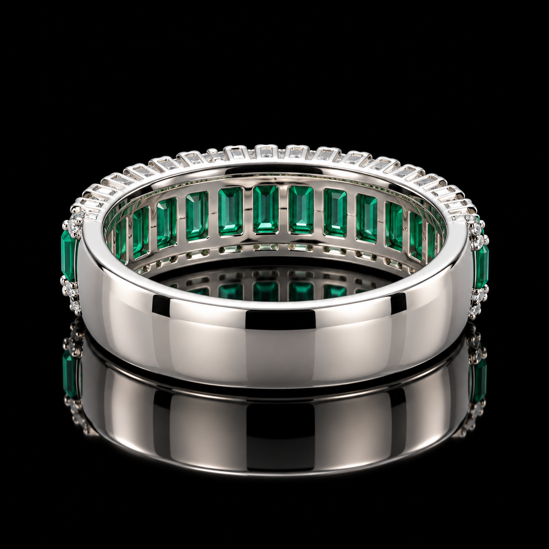 Estate Designer Fine Emerald & Diamond 18KT White Gold Ring