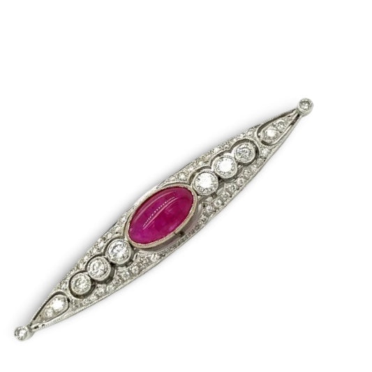 Filigree Ruby and Diamond 14K White Gold Brooch