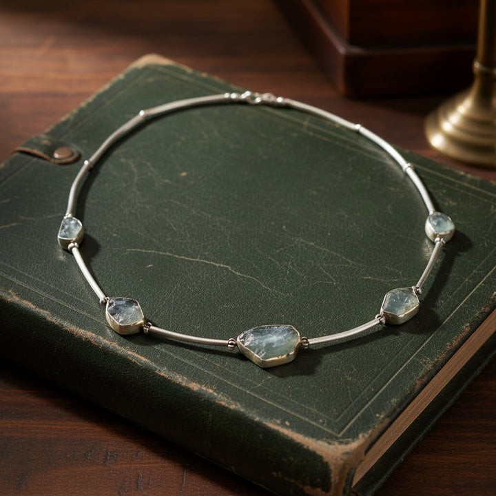 Modern Designer Rough Cut Aquamarine, Silver & 18kt Yellow Gold Set