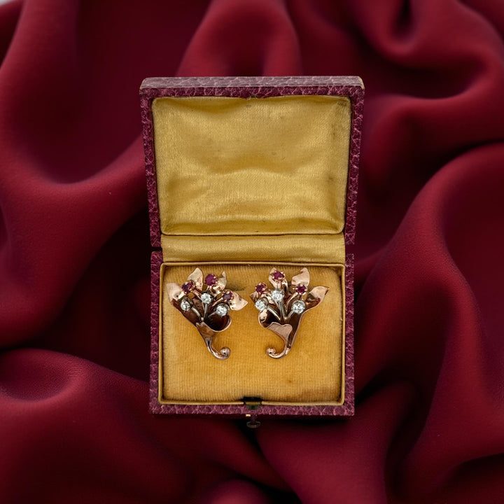 1940's Retro Diamond and Ruby 14k Rose & White Gold Earring