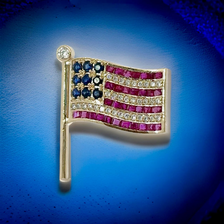 American Flag Diamond, Ruby and Sapphire 14K Yellow Gold Lapel Brooch