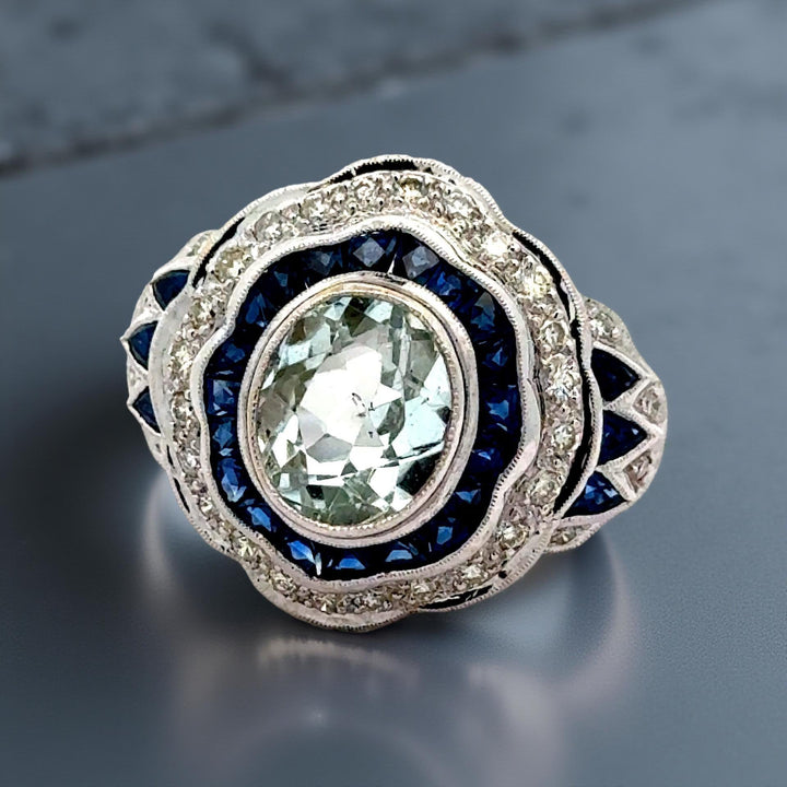 Estate Art Deco Reproduction French Cut Sapphire Diamond Aqua Ring