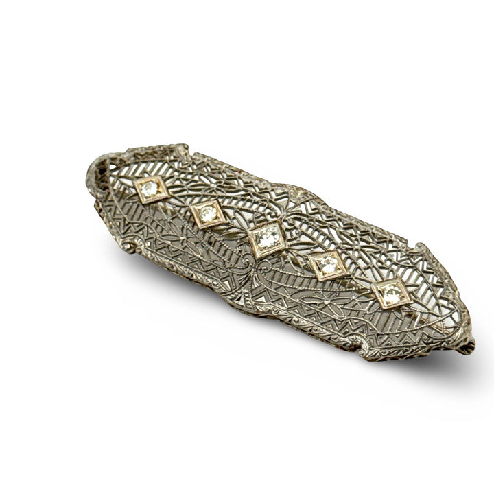 Art Deco 1920's Diamond 14k White Gold Filigree Brooch