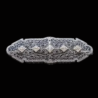 Art Deco 1920's Diamond 14k White Gold Filigree Brooch