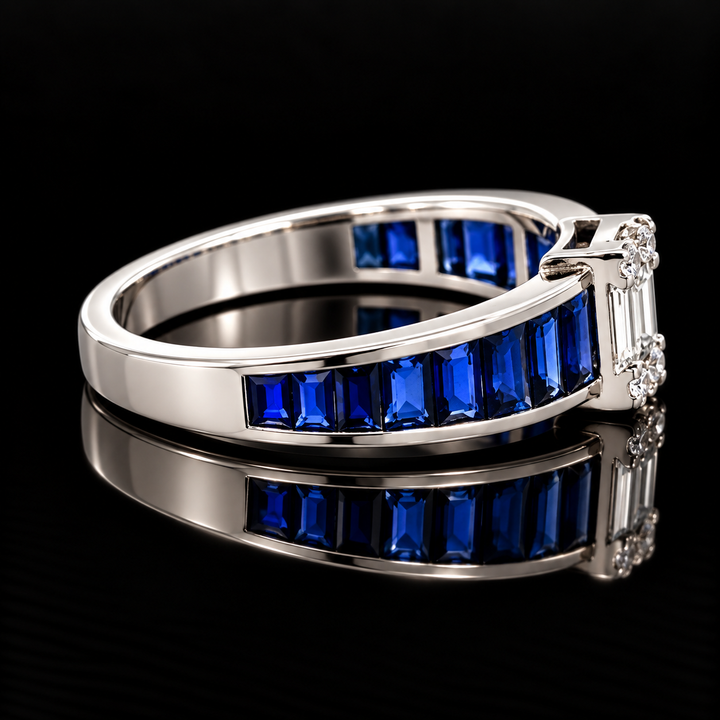 Estate Designer Fine Sapphire & Diamond 18KT White Gold Ring
