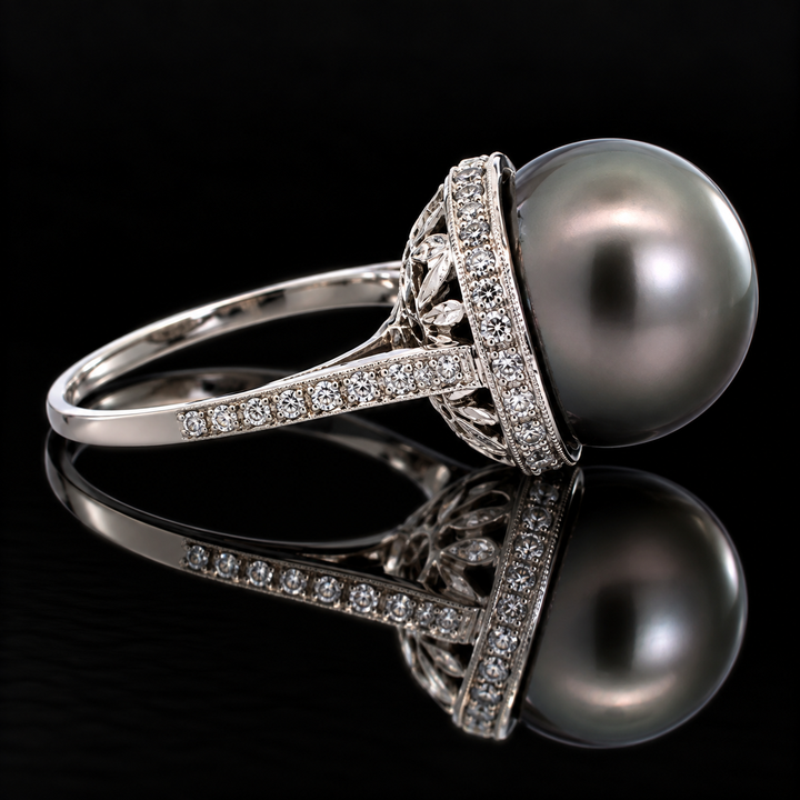 Estate 15.00mm Tahitian Pearl and Diamond Platinum Ring