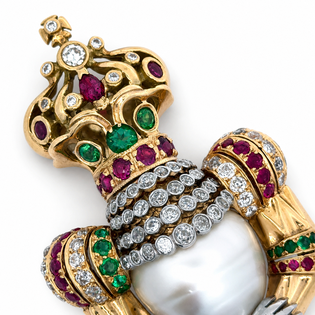 Estate Royal Coronation Diamond, Emerald, Burma Ruby, South Sea Pearl Pendant/Brooch 18Kt Yellow/White Gold