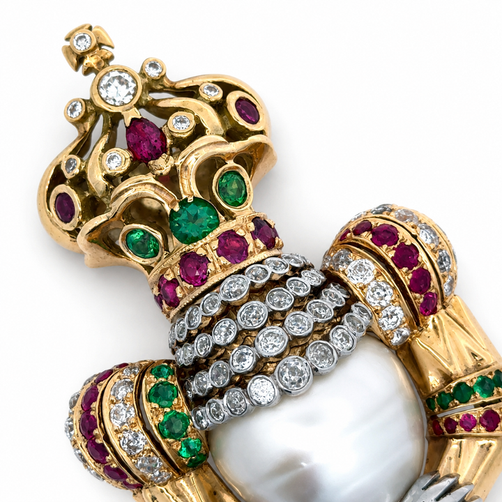 Estate Royal Coronation Diamond, Emerald, Burma Ruby, South Sea Pearl Pendant/Brooch 18Kt Yellow/White Gold