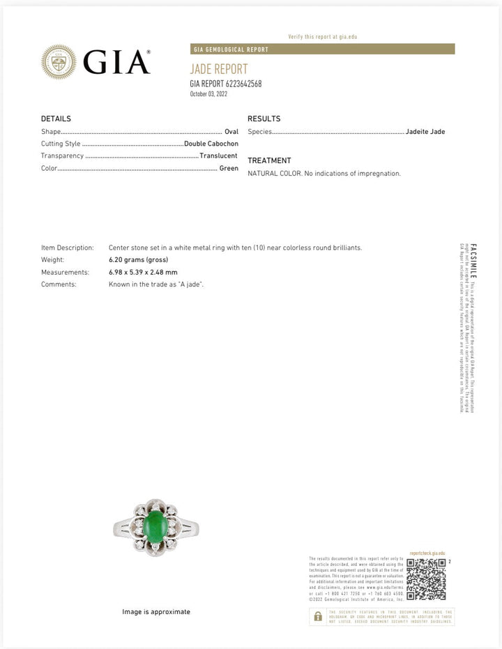 Estate Natural Color Jadeite & Diamond Platinum Ring (GIA)