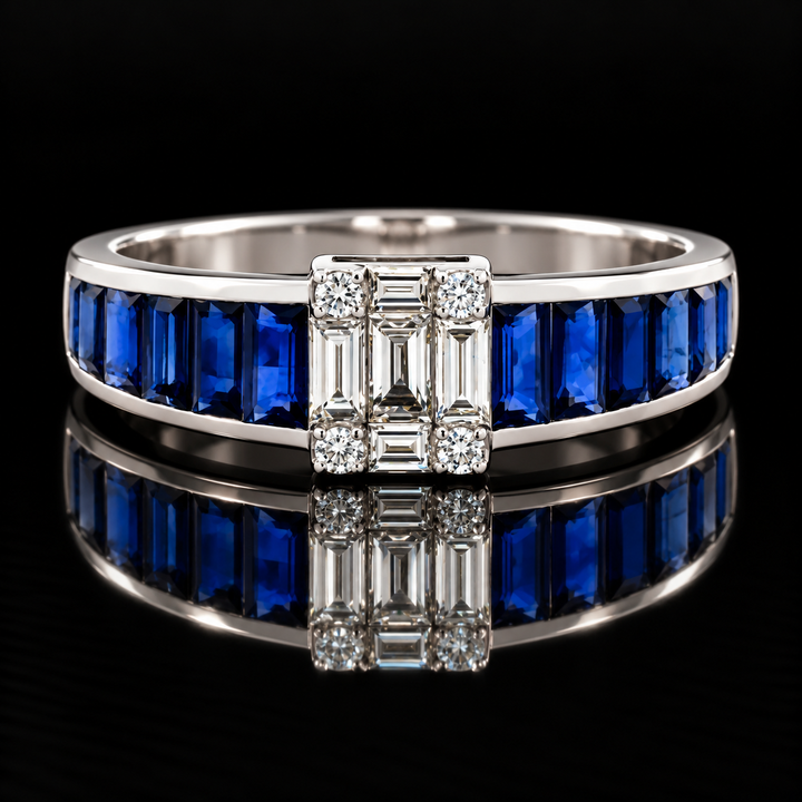 Estate Designer Fine Sapphire & Diamond 18KT White Gold Ring