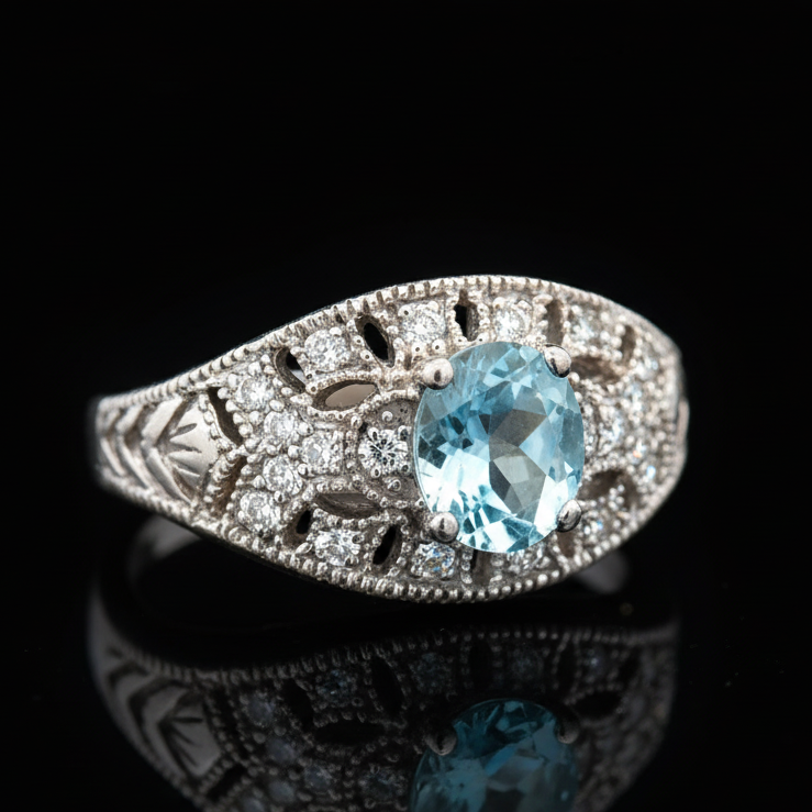 Aquamarine, Diamond,  and 14K White Gold Antique Ring