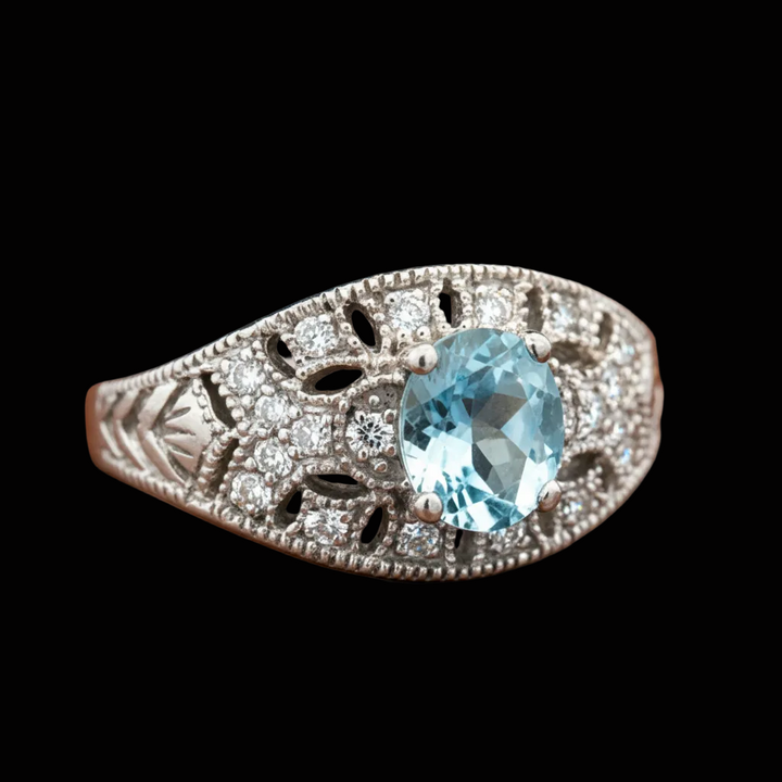 Aquamarine, Diamond,  and 14K White Gold Antique Ring