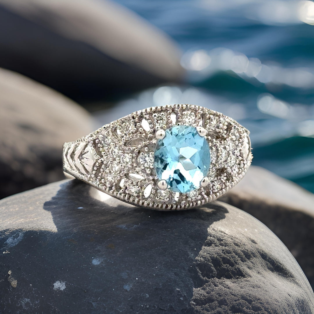 Aquamarine, Diamond,  and 14K White Gold Antique Ring