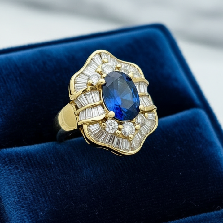 Estate Fine 2.27 ct Sapphire & 1.38 cttw Diamond 18K Yellow Gold Ring 15064