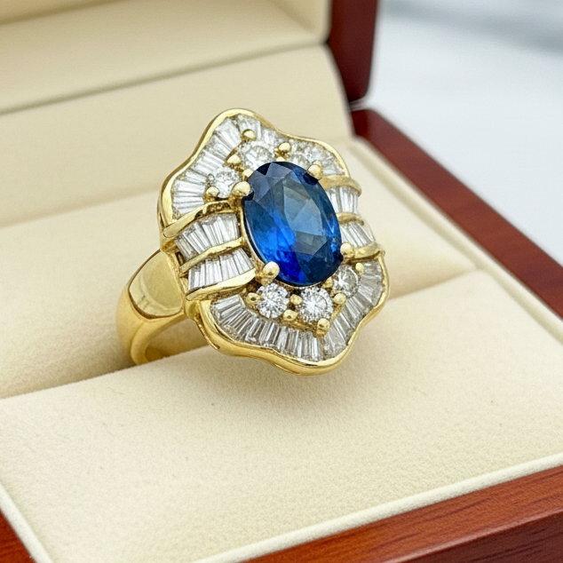 Estate Fine 2.27 ct Sapphire & 1.38 cttw Diamond 18K Yellow Gold Ring 15064