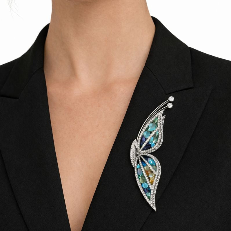 Italian Designer of Valenza Garavelli Diamond and Semi Precious Gemstone 18Kt White Gold Pendant/Brooch