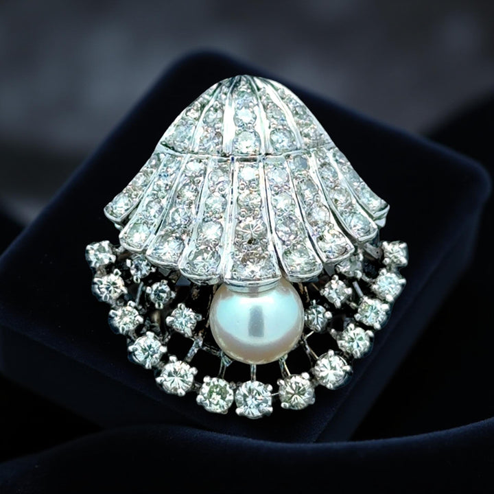 Oyster Cultured Pearl and Diamond Platinum Ring