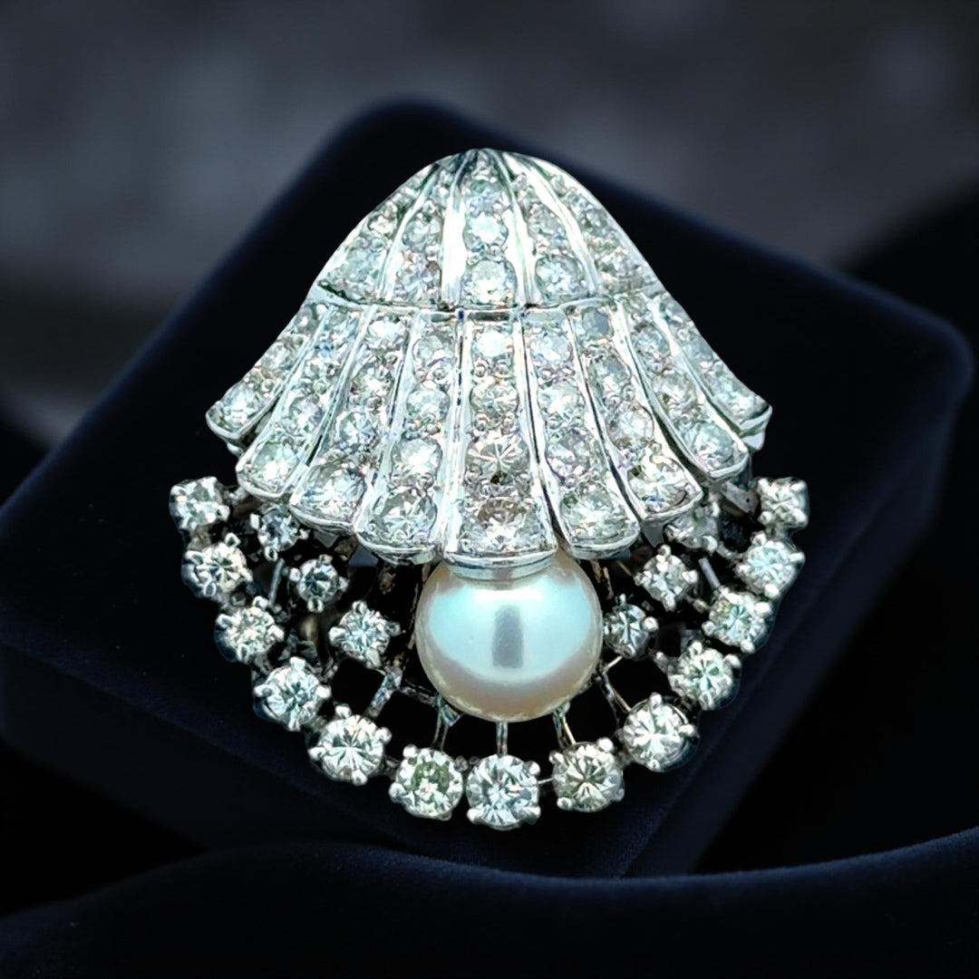 Oyster Cultured Pearl and Diamond Platinum Ring