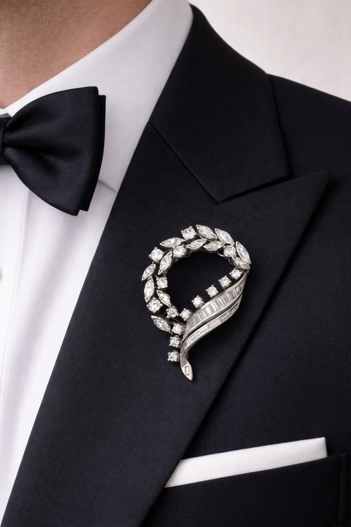 Mid-Century Platinum Diamond Brooch | 5.00 CTW Marquise, Round & Baguette Diamond Ribbon Wreath Pin