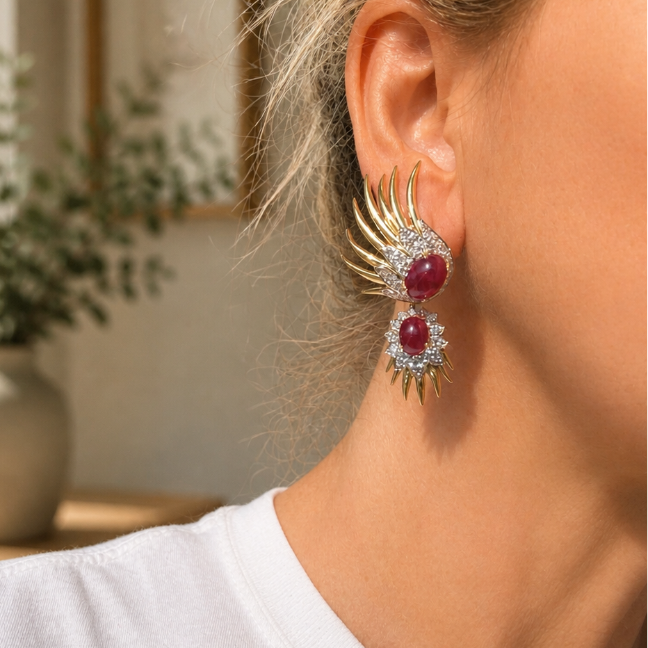 Italian Estate 19cttw Ruby and 2.80cttw Diamond Detachable 14Kt/18Kt White & Yellow Gold Earrings