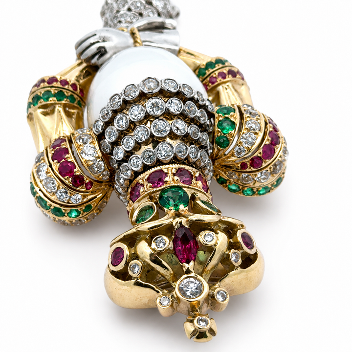 Estate Royal Coronation Diamond, Emerald, Burma Ruby, South Sea Pearl Pendant/Brooch 18Kt Yellow/White Gold