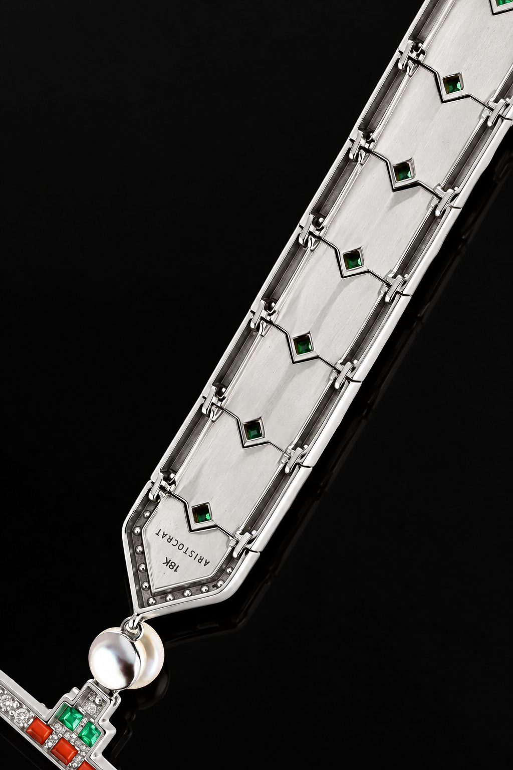 Diamond, Coral, Emerald, Pearl and Onyx 18K White Gold Necklace