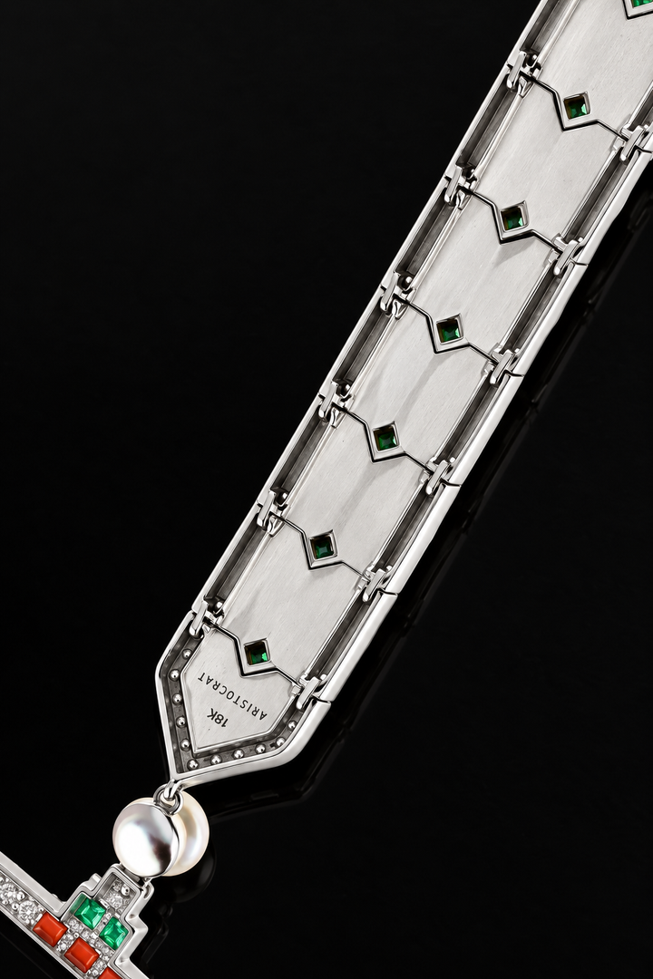 Diamond, Coral, Emerald, Pearl and Onyx 18K White Gold Necklace