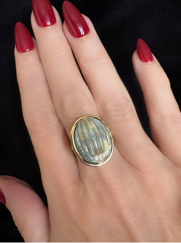 14K Yellow Gold Carved Opal Bezel Set Ring