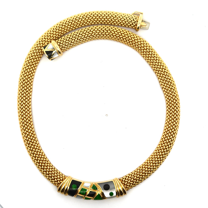 Asch Grossbardt Inlay Onyx, Mother of Pearl, Malachite 14k Yellow Gold Necklace