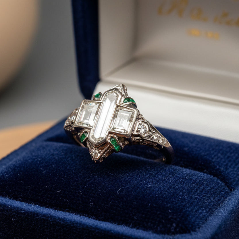 Art Deco Diamond and Emerald Platinum Ring
