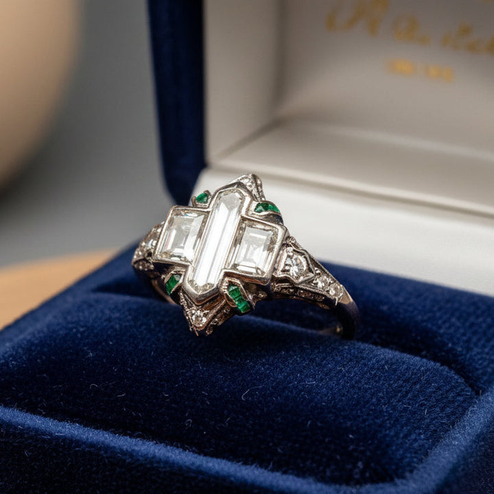 Art Deco Diamond and Emerald Platinum Ring