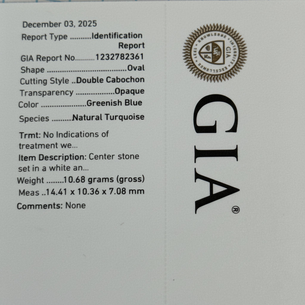 Rare No Treatment/ Natural Turquoise Cabochon and Diamond 18Kt Yellow Gold and Platinum Ring (GIA)