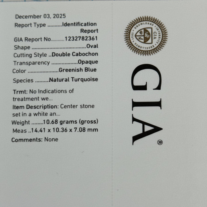 Rare No Treatment/ Natural Turquoise Cabochon and Diamond 18Kt Yellow Gold and Platinum Ring (GIA)