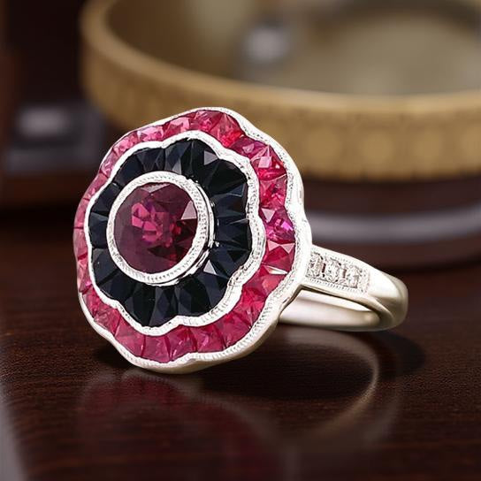 Art Deco Reproduction Aristocrat Ruby, Onyx, Diamond and 18K White Gold Ring