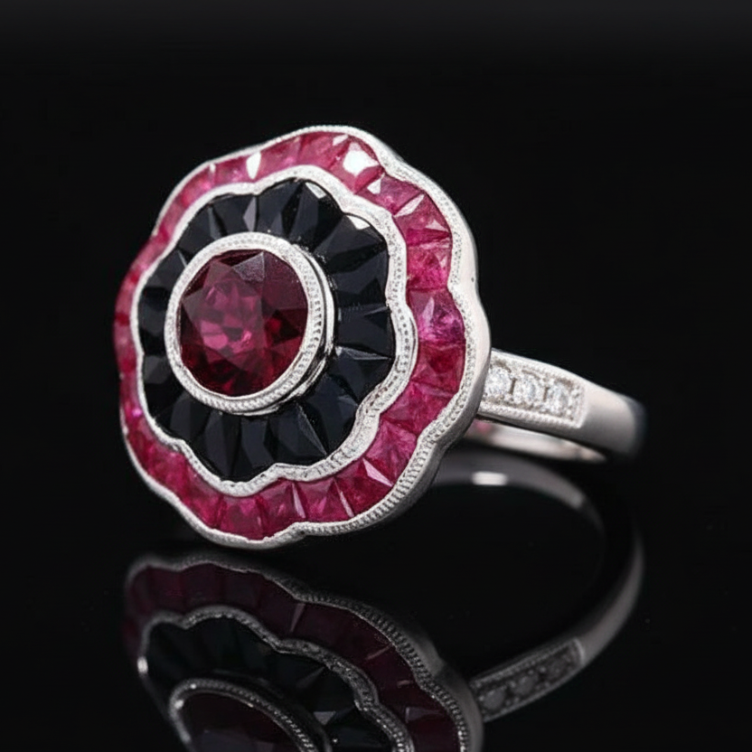 Ruby, Onyx, Diamond and 18K White Gold Ring