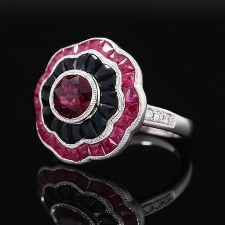 Ruby, Onyx, Diamond and 18K White Gold Ring