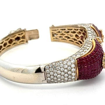 Italian French Cut Ruby and Pave Diamond 18Kt White & Yellow Gold Bangle